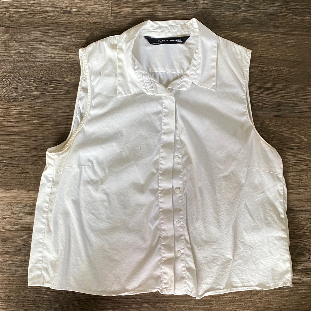 Zara White Sleeveless Button-Down Shirt